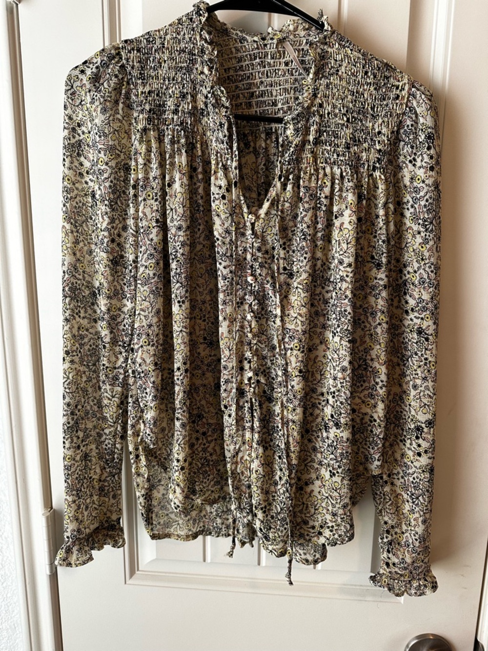 Free People Smocked Floral Boho Sheer Flowy Blouse in Cream, Black & Yellow XS